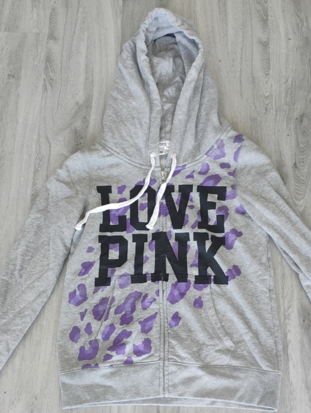 2010s Vintage Large Victoria's Secret PINK Gray Hoodie with Purple Print